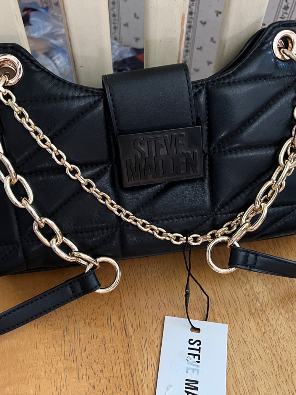 Steve Madden Black Quilted Shoulder Bag with Gold Chain